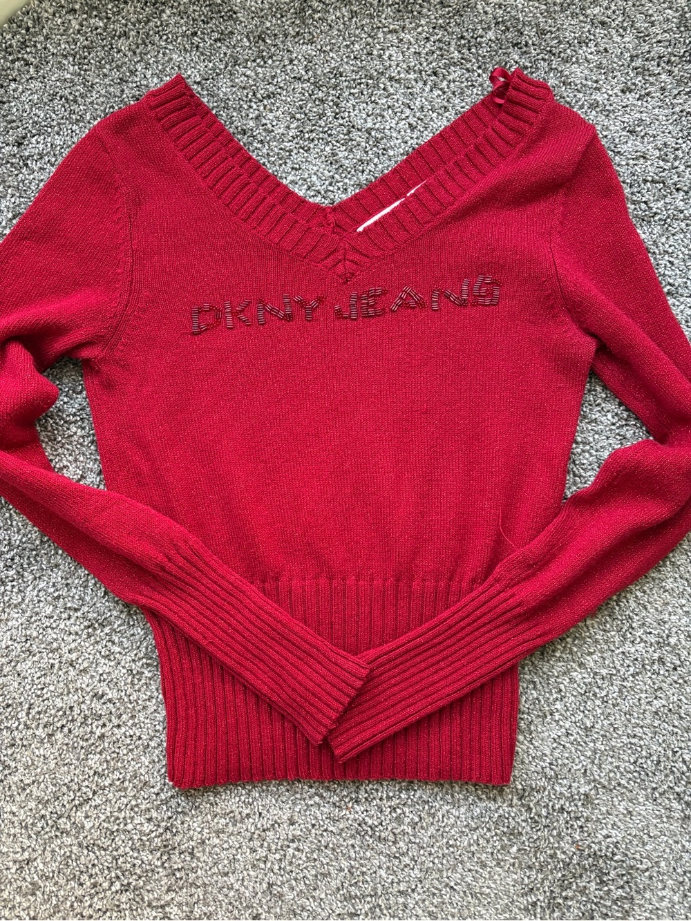 Dkny Red V-Neck Ribbed Hem Sweater